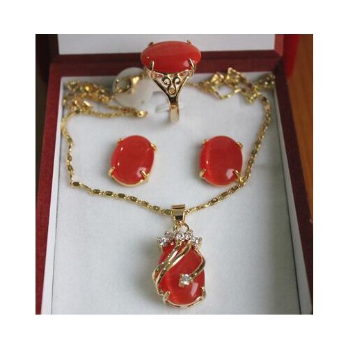 !12X18MM Beads Red /Green Cats Eye stone Pendant Earring Ring Jewelry Set