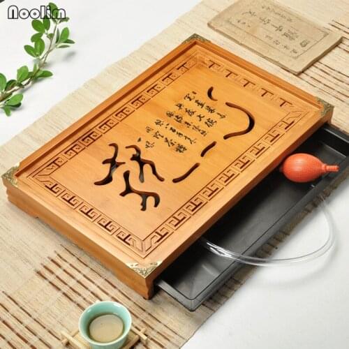 NOOLIM Kung Fu Tea Set Natural Wood Bamboo Tea Tray Rectangular Traditional Bamboo Tea Accessories Set