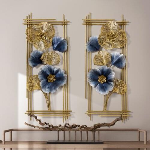 New Chinese Wrought Iron Blue Gold Ginkgo Leaves Wall Hangings Crafts Home Livingroom Background Wall Sticker Mural Decoration