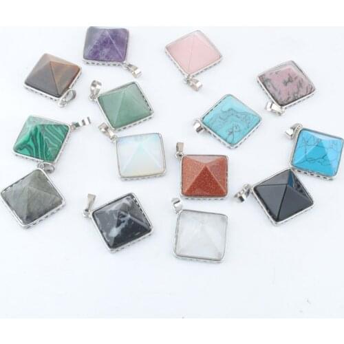 6Pcs/Lot Pyramid Pendants Natural Stone Square Amethysts Crystal Quartz Rhodonite Charms Hanging Jewelry For Women Men QBN465