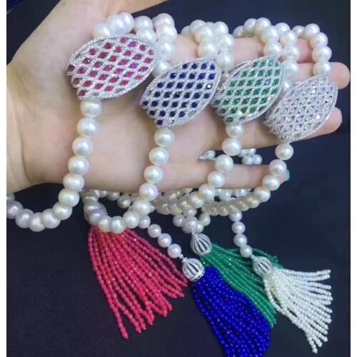 Freshwater pearl white near round 8-9mm & jades stone necklace 35" nature wholesale bead discount gift