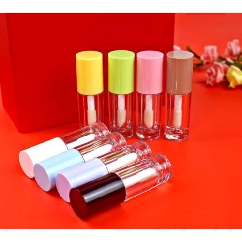5ml Short Fat Transparent Plastic Lip Gloss Tube Cosmetic Big Brush Lipgloss Packaging Container with Pink Purple Cap