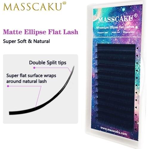 MASSCAKU sell 12rows super soft ellipse split tips flat eyelash extension natural dark black light faux ellipse eyelashes