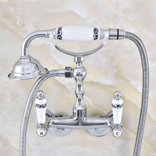 Modern Silver Chrome Brass Adjusts From 3-3/8" Wall Mount Bathtub Faucet with Handheld Shower Set +1500MM Hose Mixer Tap 2qg410