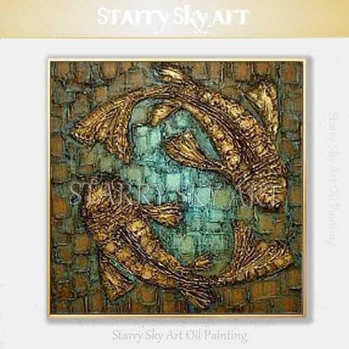 Special Design Thick Oil Paint Abstract Fishes Oil Painting on Canvas Modern Wall Art Double Fishes Picture for Wall Decoration
