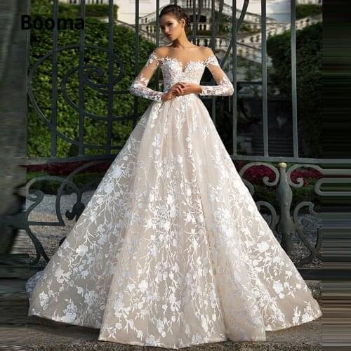 Booma Champagne Wedding Dresses Long Sleeve Lace Ball Gown Wedding Gowns Sleeveless Backless Bridal Gowns Royal Train New