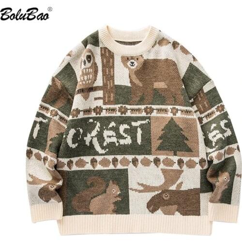 BOLUBAO Christmas Jumper Korean Sweater Men Knitted Bear Pattern Block Oversized Couples Casual Pullovers Sweaters Male