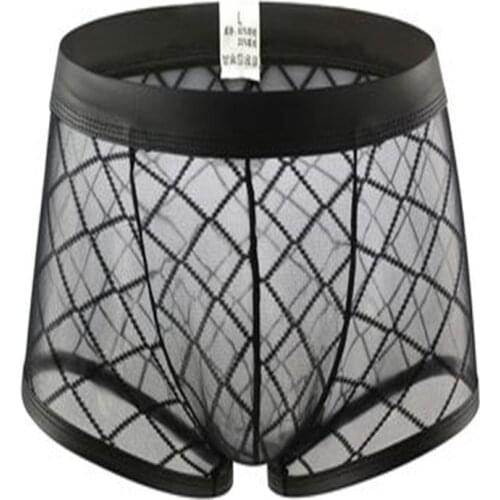 Sexy Breathable Thin Boxer Black Men Mesh Transparent See Through U-Convex Underwear Lingerie Gay Wear Pants