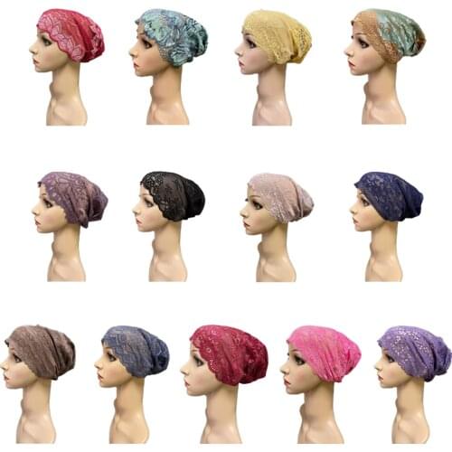 Full Cover Tube Inner Cap Muslim Flower Lace Headscarf Islamic Headwear Arab Underscarf Beanie Indian Hat Women Skullies Turban