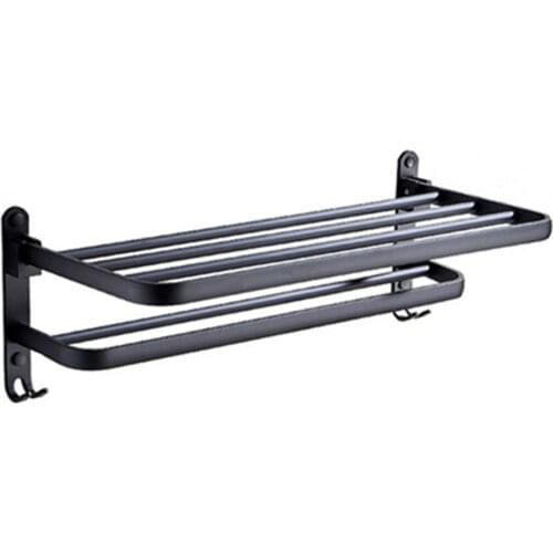50CM Black Towel Rack Wall Mounted Folding Towel Holder Storage Shelf with Hook Bathroom Accessories