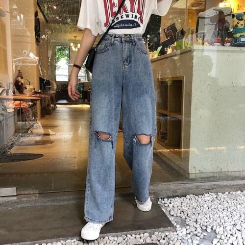 Vintage Ripped Straight Jeans for Women Hole Jean Female Denim Pencil Pants Streetwear Boyfriend Loose Wide-leg Jeans Pants