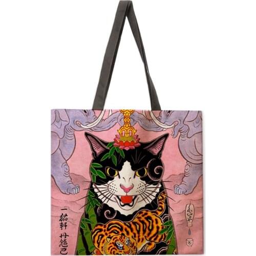 Japanese samurai cat print shopping bag lady handbag one shoulder large capacity handbag lady tote bag