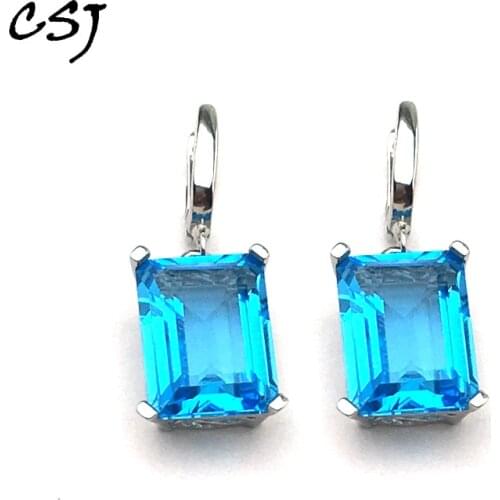 CSJ Natural Blue Topaz Earrings 925 Sterling Silver Gemstone Oct10*14mm Fine Jewelry For Women Wedding Engagment Party For Gift