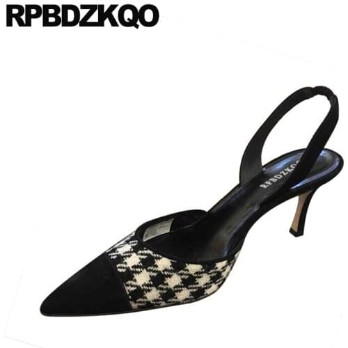 Size 4 34 high heels new plaid pointed toe 2018 summer sandals 3 inch suede strap women pumps scarpin slingback medium shoes