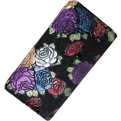 Women Long Zipper Retro Embossed purse, Large Mobile Phone Bag butterfly flower printed Wallet