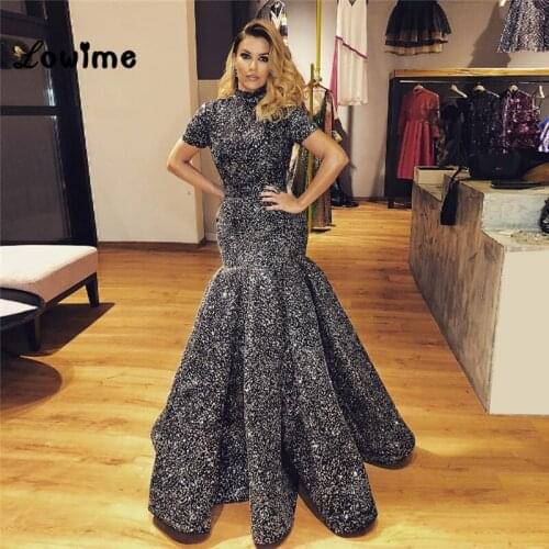 Mermaid Black Prom Dresses With Short Sleeves Robe De Soiree Middle East Women Evening Gown 2018 Abiye Vestido De Festa Longo