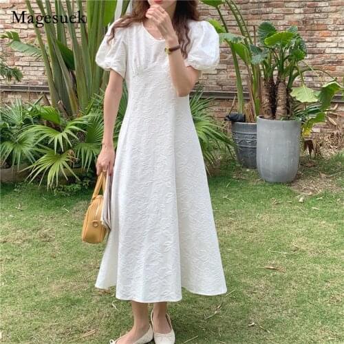 Summer 2021 Retro White Puff Sleeve Dress Women New Jacquard Elegant Dress High Waist V Neck Lace Up Long Dresses Vestido 15261