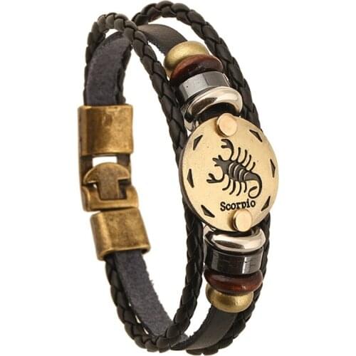12 Zodiac Scorpio Fashion Vintage Jewelry Alloy Leather Bracelet Punk jewelry For Women & Men Multilayer Easy Buckles FS001-10