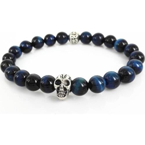 2017 Hot Sale Natural Gem Stone beads Bracelet,High Grade 8mm Blue Tiger eyes with Antique Tiny Skull Bracelets, Mens Gift