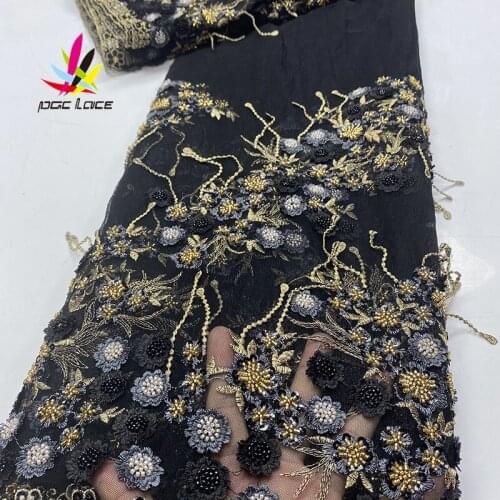 2020 High Quality Handmade Beads Lace Luxury Nigerian Beaded Lace French Tulle Lace Fabrics with Beads for Wedding Party