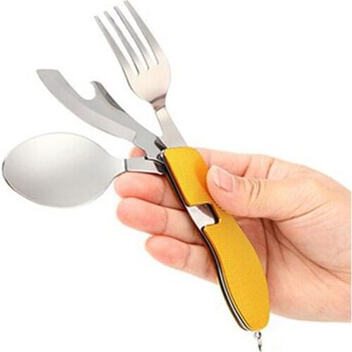 4 In 1 Folding Fork Knife Bottle Opener Multi-Function Outdoor Camping Picnic Tableware Stainless Steel Cutlery