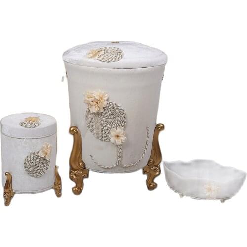 3-piece Velvet Dowry Holder Bathroom Dirty Embroidered Laundry Basket Organizer with Lid For Dirty Clothes Laundry Hamper l