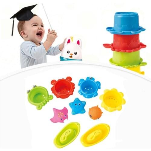 Baby Stacking Cup Toys Ocean Animals Sea Cratures Water Playing Bath Toy Intelligence Educational Folding Tower Gifts For Kids