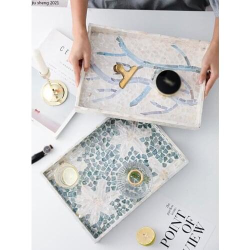 European Handmade Color Shell Storage Tray Rectangular Tea Tray Wooden Jewelry Cosmetics Display Table Food Tea Cup Storage Disk