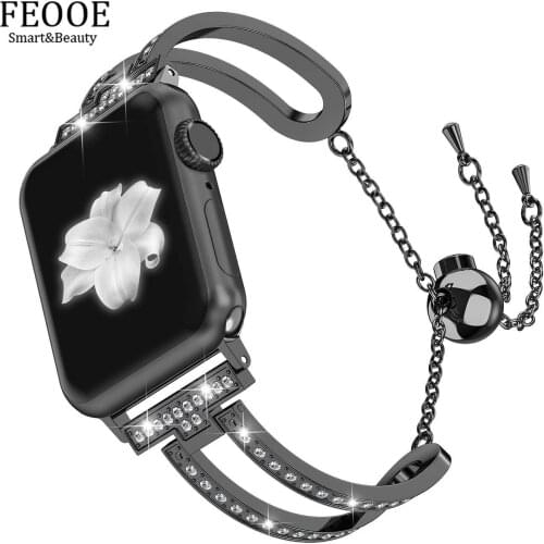 FEOOE Suitable for Apple Watch1/2/3/4 Metal Strap Stainless Steel Bracelet Steel Strap Diamond Chain Strap Black LXY