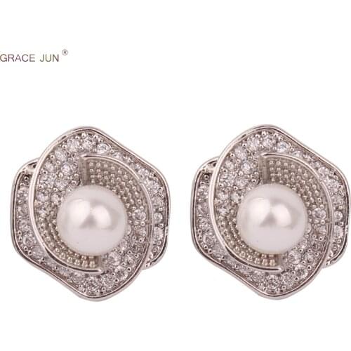 GRACE JUN Original Design Flower Stud Clip on Earrings Fashion Luxury No Pierced Earrings Charm White Gold Color Ear Clip New