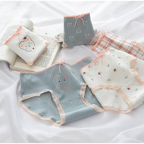 Cotton Panties Striped Lace Women Girl Fashion Cats Print Bow Cute Briefs Breathable Underwear Lingeries NK5