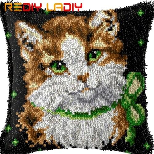 Latch Hook Cushion Kitten Girl Pillow Case Pre-Printed Color Canvas Acrylic Yarn Latched Hook Pillow Crochet Cushion Cover Kit