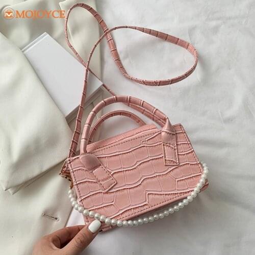 Fashion Ladies Stone Pattern PU Shoulder Messenger Bag Women Pearl Flap Purse Mini Chain Stone Pattern Rectangular Handbag