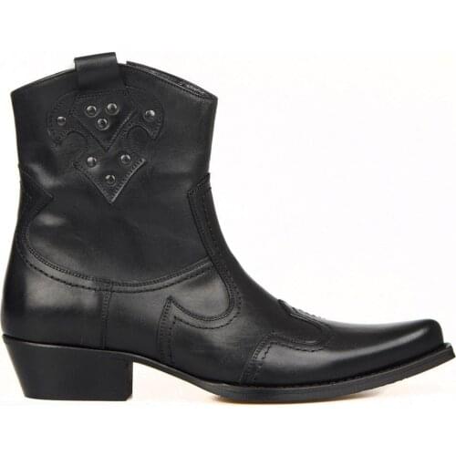 FootCourt- Black Western Ankle Boots Men Zipper Genuine Leather Pointed Toe Handcrafted Motorcycle Boots Texas Ankle Boots Retro