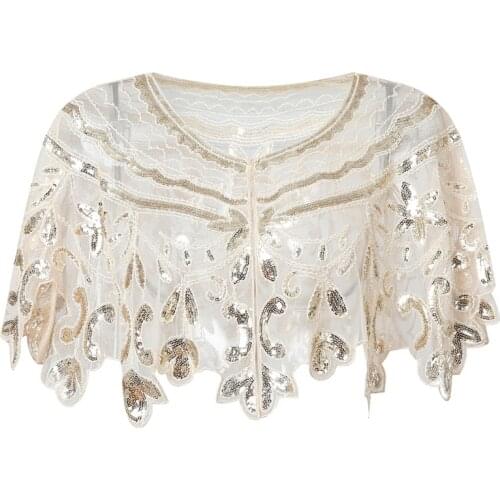 Womens Flapper Evening Cape Vintage 1920s Embroidery Mesh Shawl Beaded Sequin Bolero Great Gatsby Party Cover Up for Dress