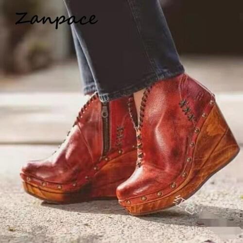2020 New Womens Boots Winter Lace-Up Leather Women Shoes High Heel Boots Autumn Platform Motorcycle Boots Zapatos De Mujer