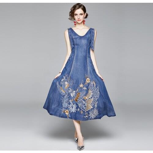 JSXDHK Luxury Embroidery Flower Denim Long Dress Vintage Summer Women Sleeveless V Neck Jean Dress High End Tank Cowboy Vestidos
