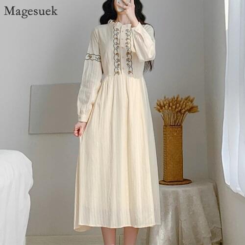 Vintage Embroidery Floral Summer Dress Women Long Sleeve Midi Casual Ladies Dresses Vestidos Party Elegant Dress Female 12918