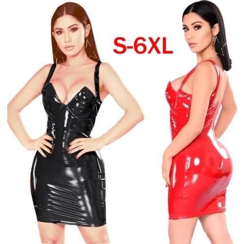 Size S-6XL Sexy Deep V Neck Shiny PVC Leather Bodycon Mini Dress Spaghetti Strap Pencil Dress Nightclub Party Bandage Dresses