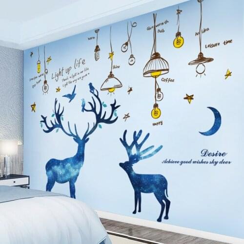 [shijuekongjian] Blue Deer Animals Wall Stickers DIY Chandelier Lighjts Wall Decals for Kids Bedroom Baby Room House Decoration