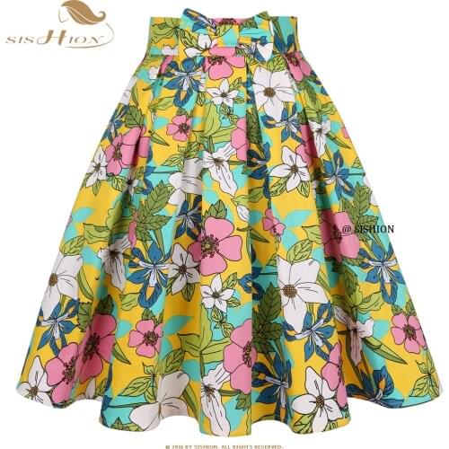 SISHION 2021 Harajuku Y2K Women High Waist Pleated Skirt SS0012 Falda Floral Printed Retro Swing Cotton Plus Size Vintage Skirts