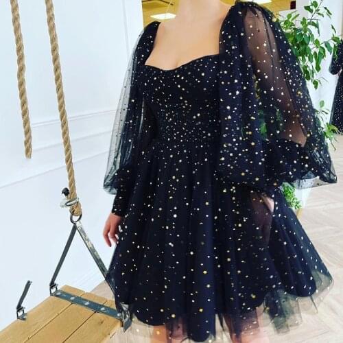 Stars Black Sexy Prom Dresses Above Knee Puff Long Sleeve 2021 Custom Made Formal Women Evening Party Gowns for Girls Graduation