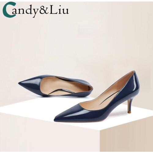 Female Pumps 6cm Dark Blue High Heels Women 2021 Spring Autumn Temperament Banquet Leather Light Tip Thin Heel Single-shoe Girl
