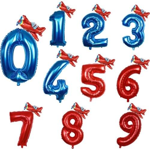 2pcs 30'' Red blue Number Balloon Mini Plane Fire Truck Foil Ballon 1 2 3 4 5 6 7 8 9 Years Birthday Party Decorations Kids Toys