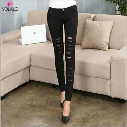 Women Fashion Cotton Hole Pencil Pants Skinny Nine Points Pants High Waist Stretch Jeans Slim Pencil Trousers Capris Plus Size