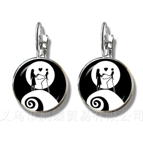New Classic Jack And Sally Earrings 16mm Glass Dome Silver Plated Stud Earrings For Women Girls For Halloween Creative Gifts