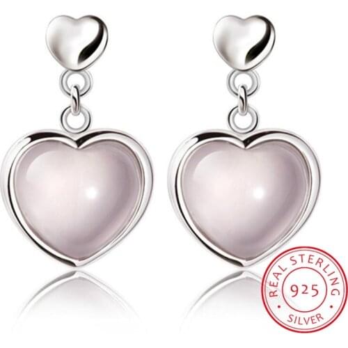 925 Sterling Silver Earrings Natural Hibiscus Stone Pink Crystal Heart Dangle Earrings For Women oorbellen S-E202
