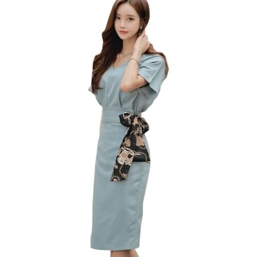 Small Su 2 Piece Sets Summer Office Bule V-neck Batwing Sleeve Sundress Sexy Bandage Pecnil Dresses Womens Vestidos Mujer Longe