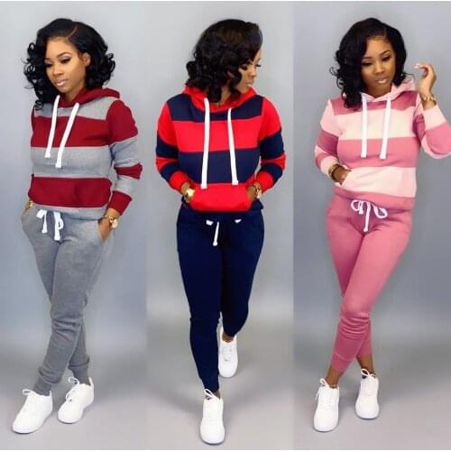 2021 Spring Autumn 2 Piece Sweat Set Hoodies Sweatshirt Pants Casual Sports Suit For Women Striped Tracksuit Joggers Suits