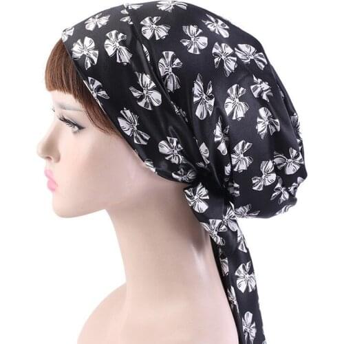 Women Night Sleeping Cap Head Wrap Bowknot Turban Pre Tied Fitted Silk Satin Print Bandana Chemo Cap Head for Hair Hats Fashion